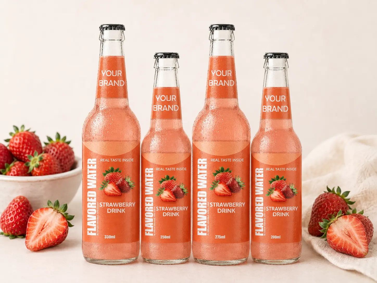 FLAVORED WATER Strawberry flavour in 200ml, 250ml, 275ml and 330ml glass bottles.